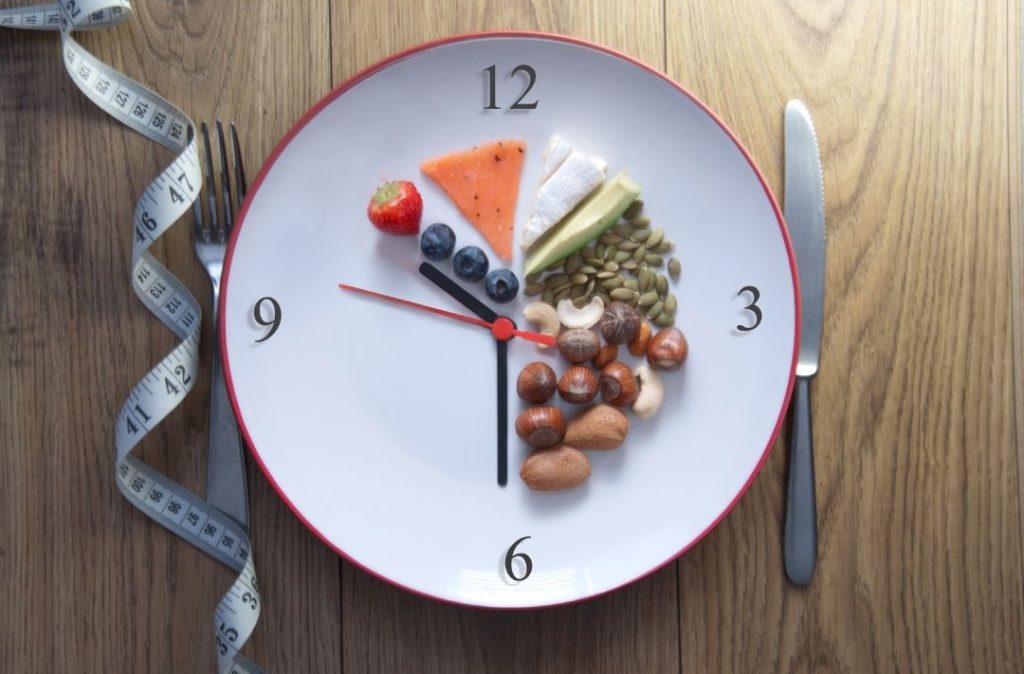 intermittierendes Fasten mit einem Teller mit Uhr und Essen dargestellt