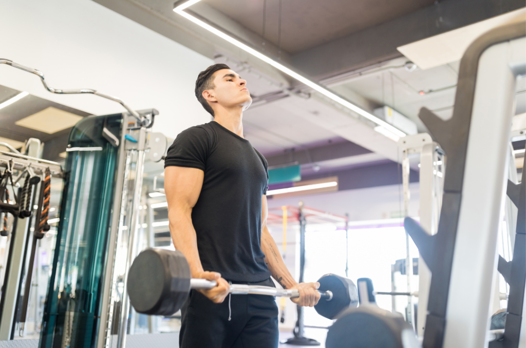 Mann macht im Gym Bizepscurls und möchte damit sein körpereigenes Testosteron erhöhen.