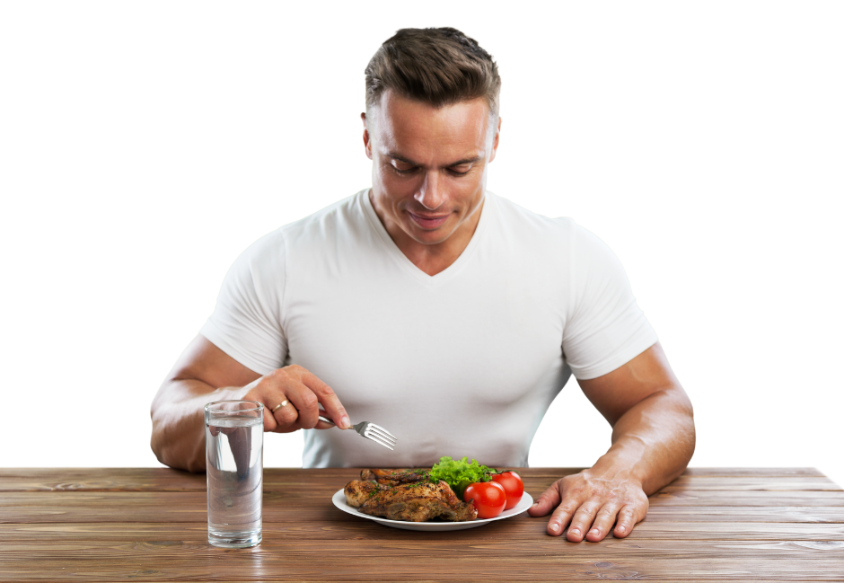 Muskelmann isst Fleisch symbolisch für die Eiweiß-Diät
