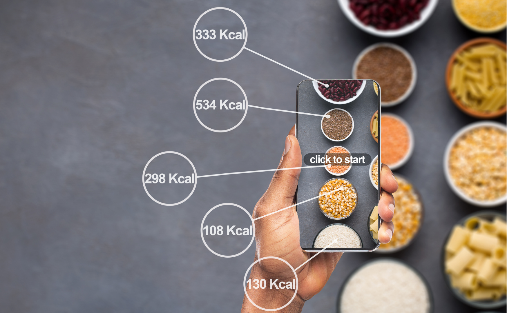Kalorien zählen Kollage mit Handy und verschiedenen Mahlzeiten