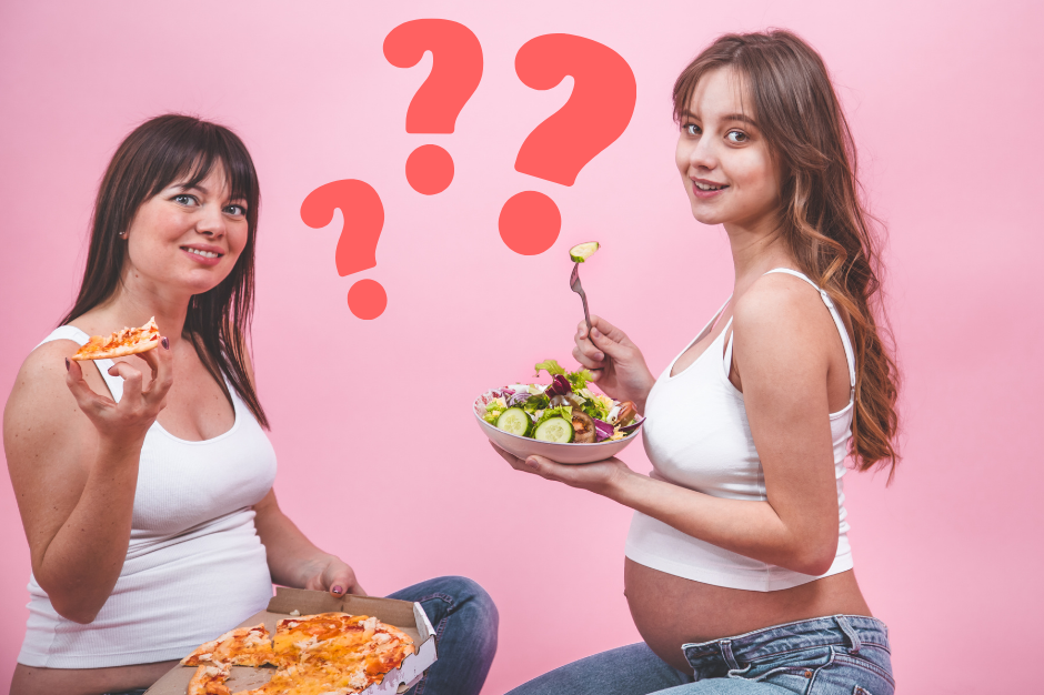 nicht essen in der Schwangerschaft dargestellt von 2 Schwangeren beim Essen