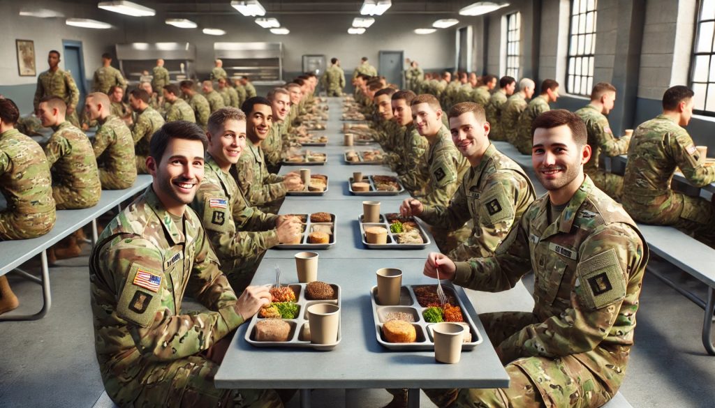 Militär Diät dargestellt von Soldaten in Kaserne beim Essen