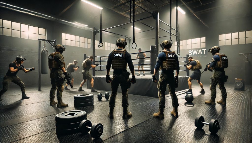 SWAT Workout dargestellt in Halle mit Boxring und Gewichten