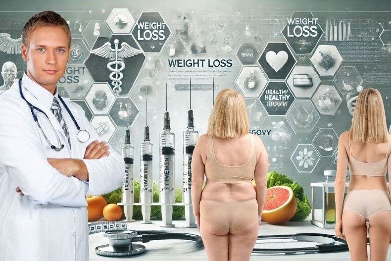 Ozempic zum Abnehmen, dargestellt von Arzt, übergewichtigen Frauen und Kollage mit Spritzen, Pillen