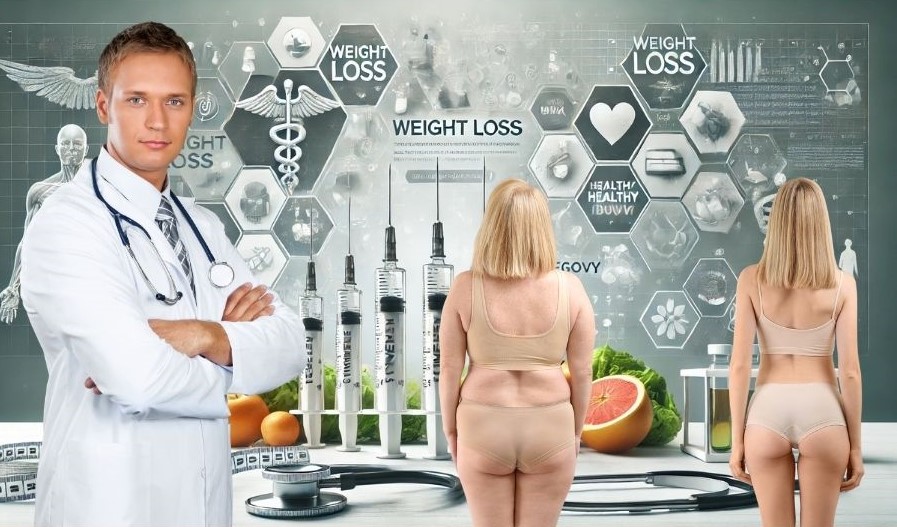 Ozempic zum Abnehmen, dargestellt von Arzt, übergewichtigen Frauen und Kollage mit Spritzen, Pillen