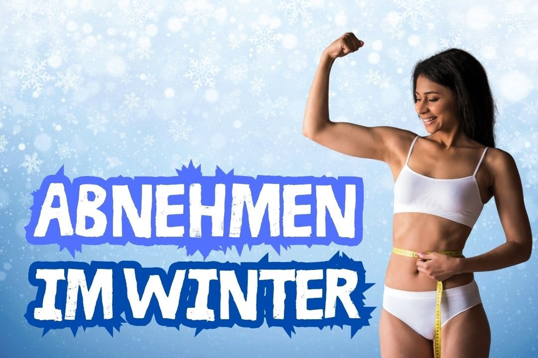 Abnehmen im Winter dargestellt von Frau mit sportlicher Figur und Schrift
