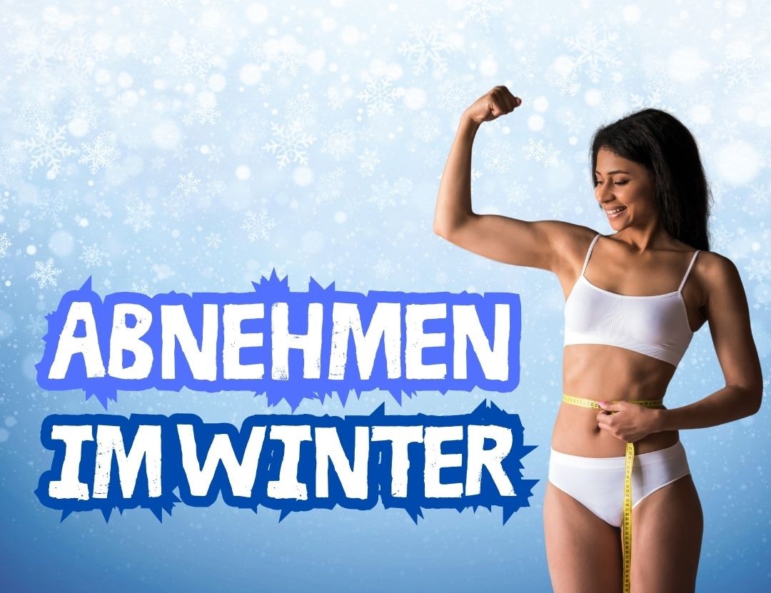 Abnehmen im Winter dargestellt von Frau mit sportlicher Figur und Schrift