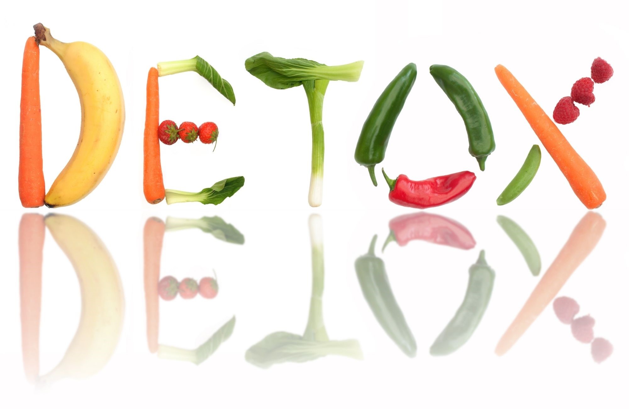 Dextox nach Feiertagen dargestellt von Kollage aus gesunden Lebensmitteln